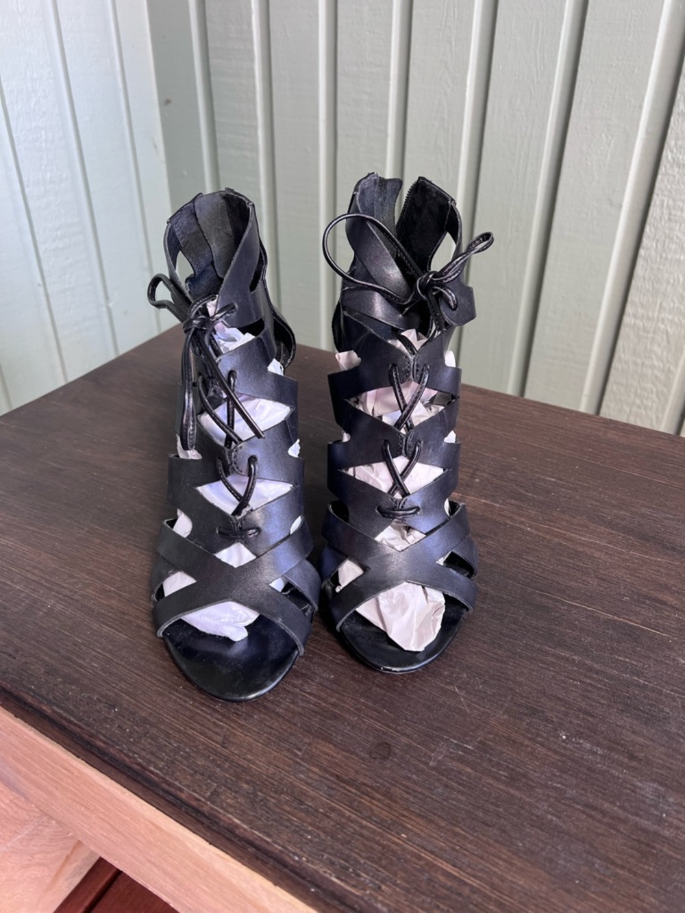 Franco Sarto Black Lace-Up Gladiator Heels